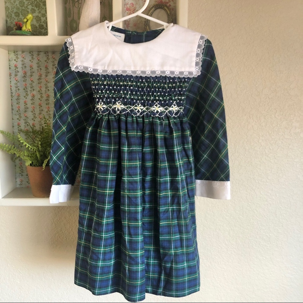 Vintage Polly Flinders Smocked Dress Green Plaid Size 4